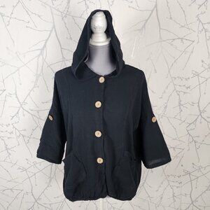 Italian Made Black Linen Cotton Button Front Hooded Shirt w/ Pockets